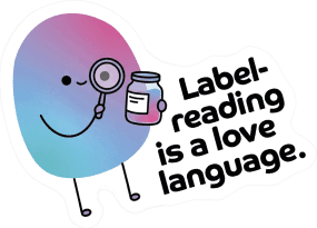 Kiri mascot reading a label: “Label-reading is a love language.”