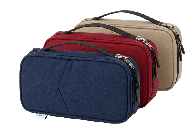 The Kiri smart pouch in navy, red, and tan