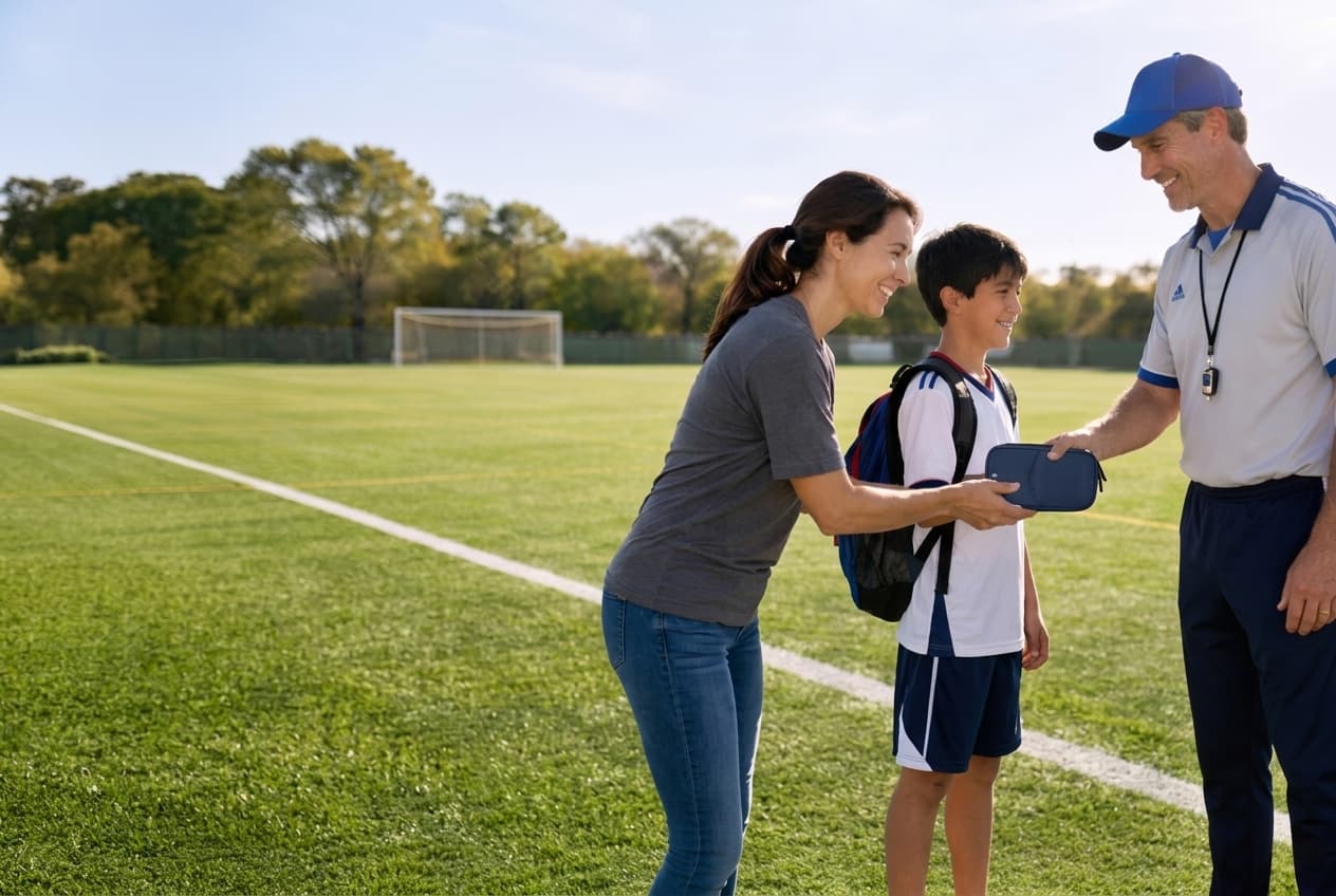 A family moment on a sunlit sports field — a mother hands a Kiri pouch to her son while his coach looks on