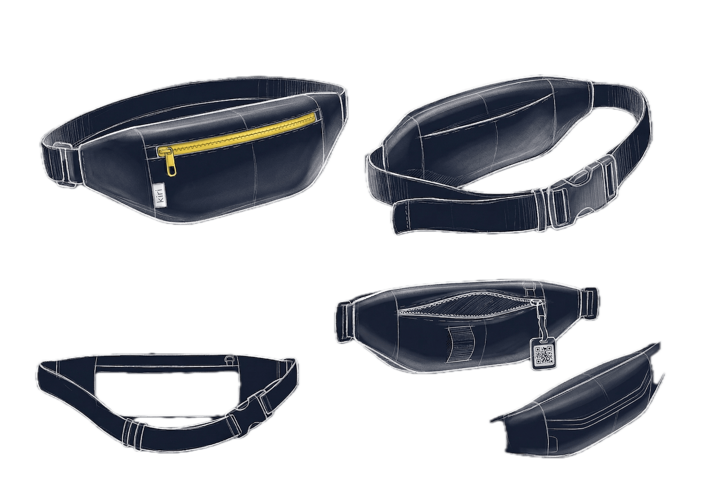 Concept sketch of the Kiri waist bag — an upcoming smart carry solution